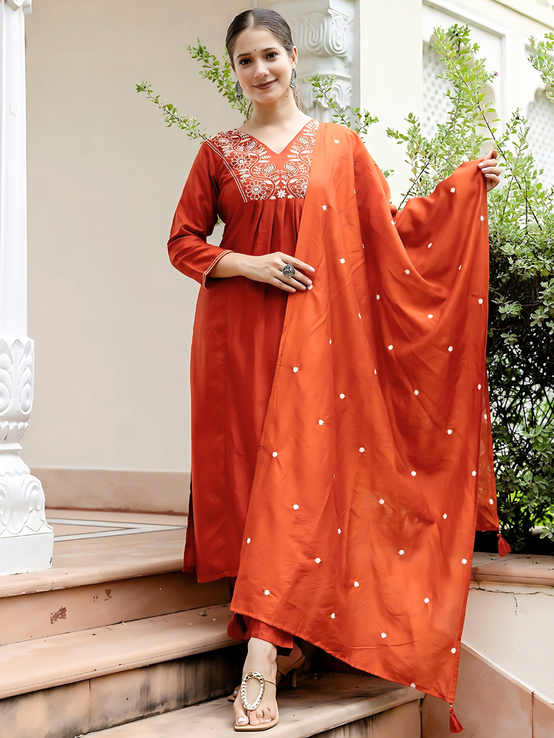 Rust Embroidered Kurti Pant Dupatta Set Online