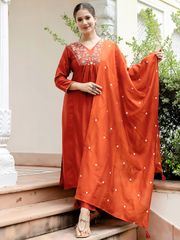 Rust Embroidered Kurti Pant Dupatta Set Online - Orange