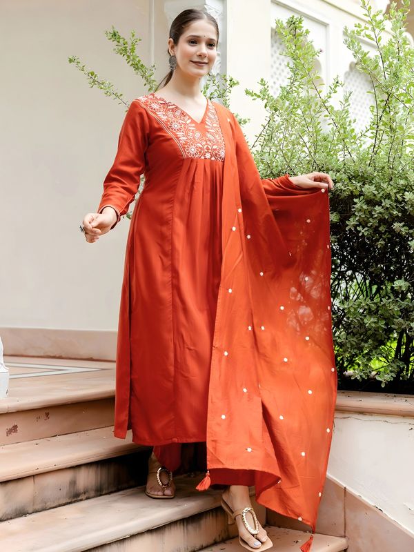 Rust Embroidered Kurti Pant Dupatta Set Online