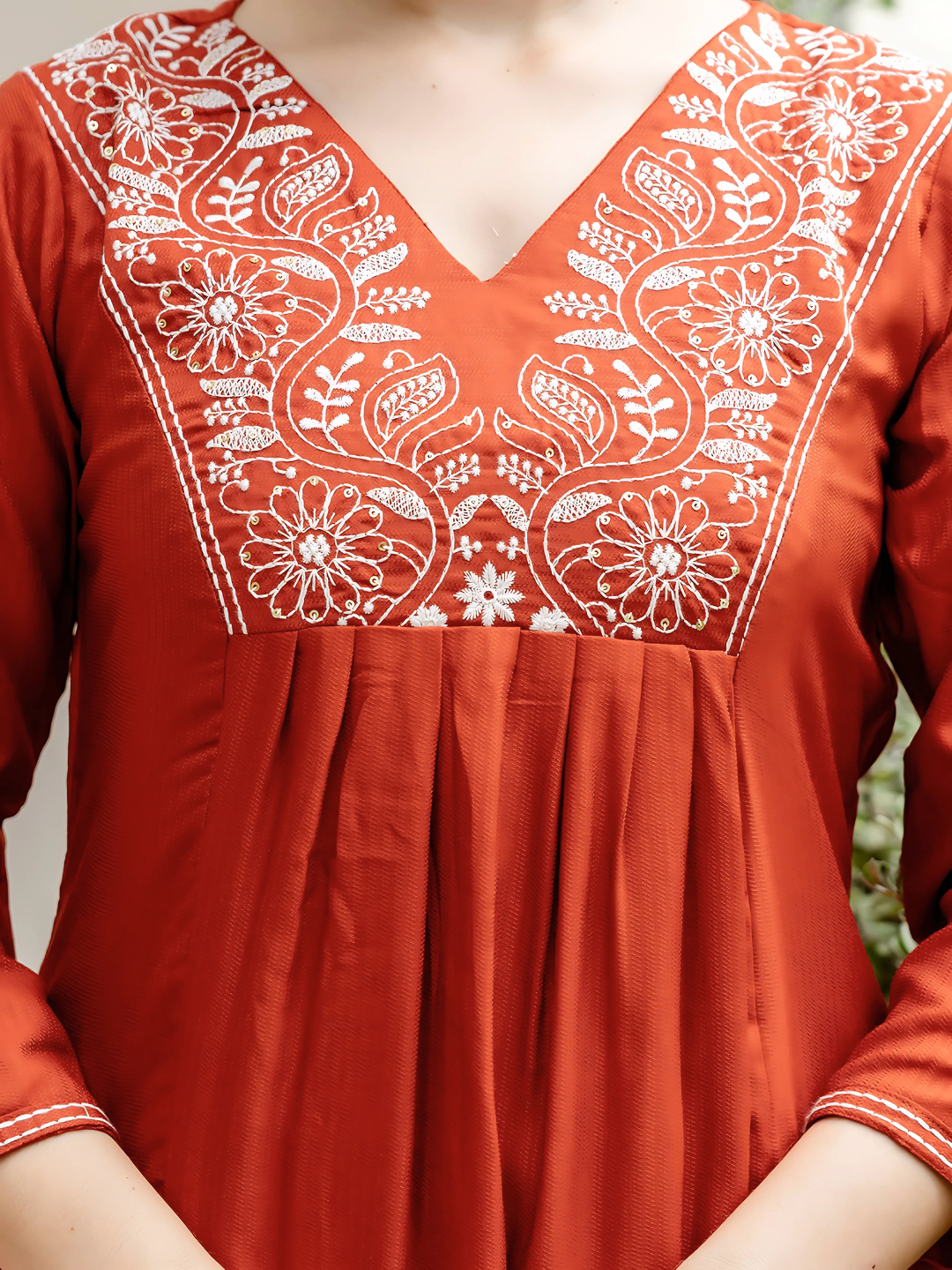 Rust Embroidered Kurti Pant Dupatta Set Online
