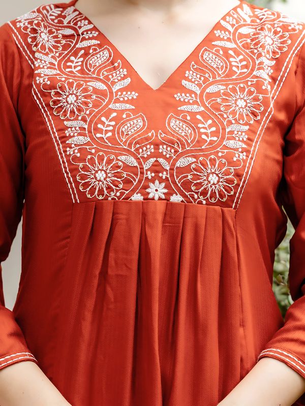 Rust Embroidered Kurti Pant Dupatta Set Online