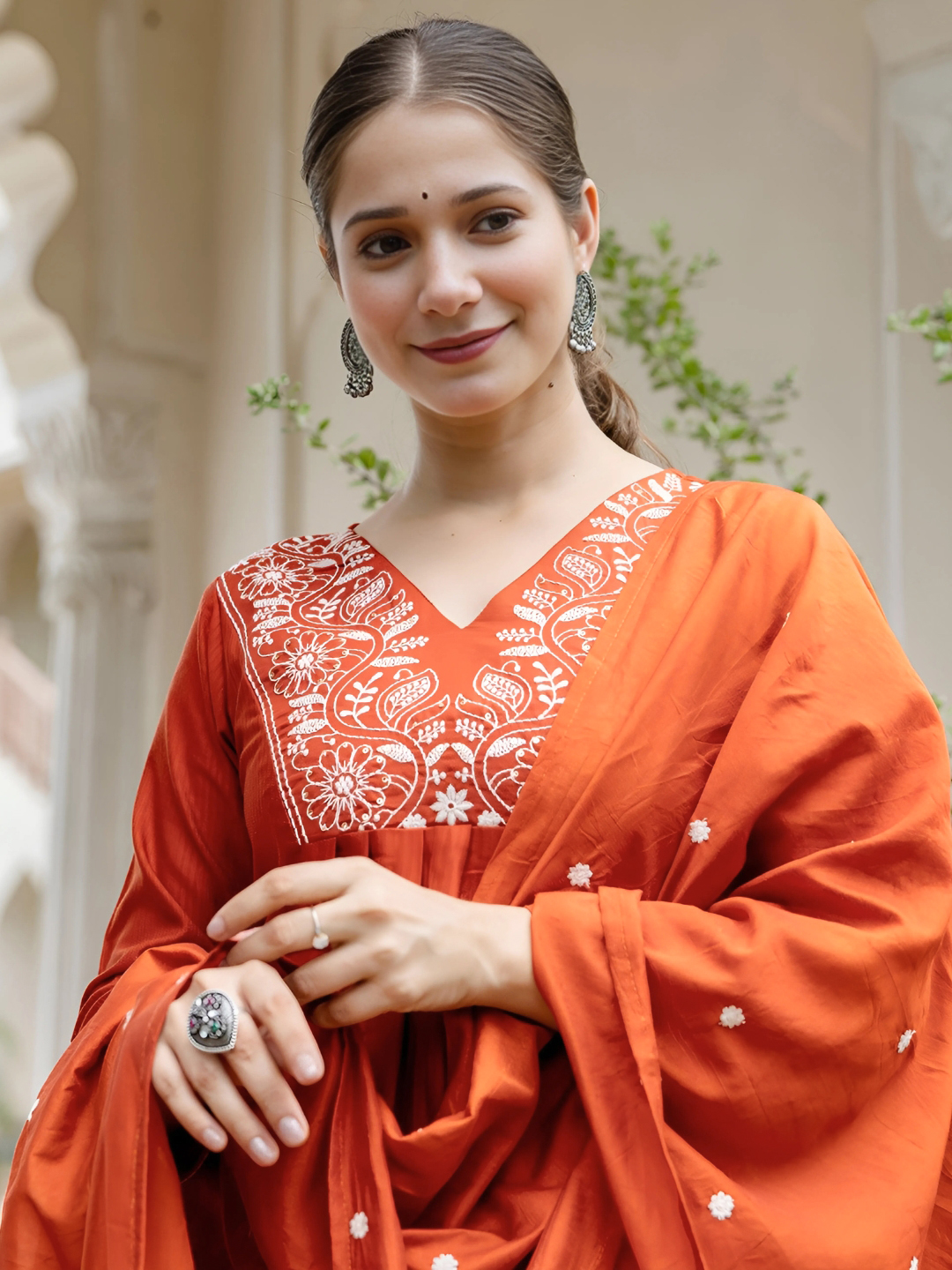 Rust Embroidered Kurti Pant Dupatta Set Online