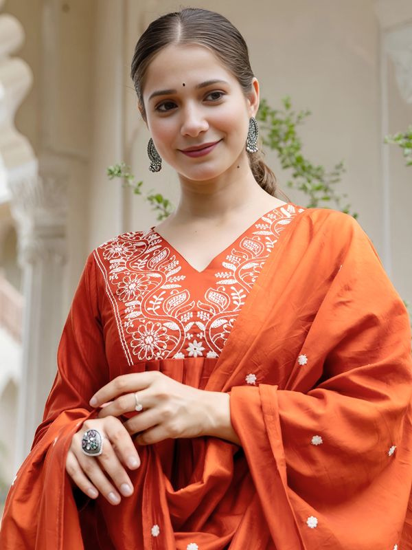 Rust Embroidered Kurti Pant Dupatta Set Online