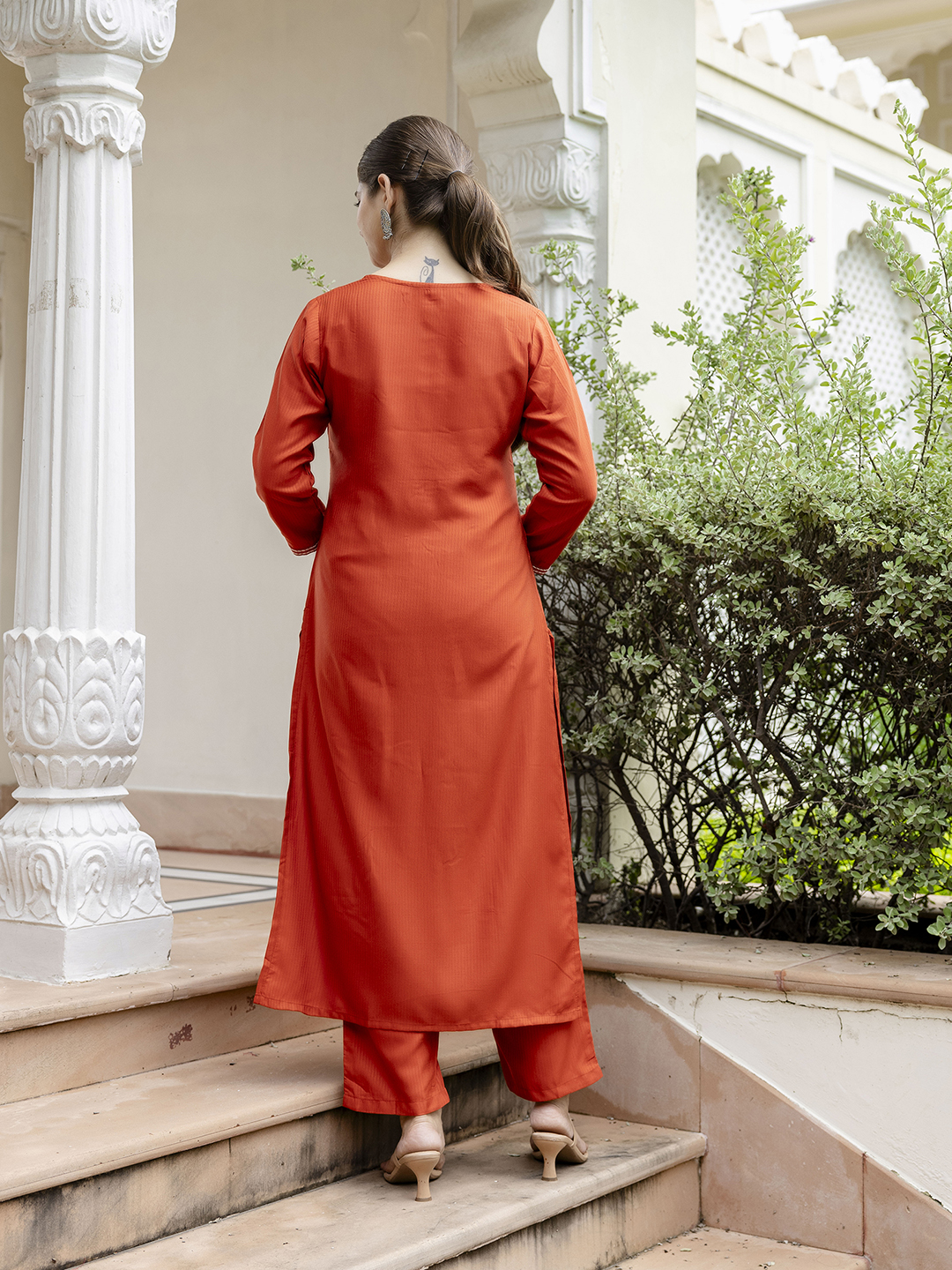 Rust Embroidered Kurti Pant Dupatta Set Online