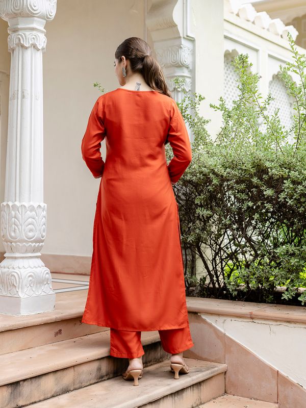 Rust Embroidered Kurti Pant Dupatta Set Online