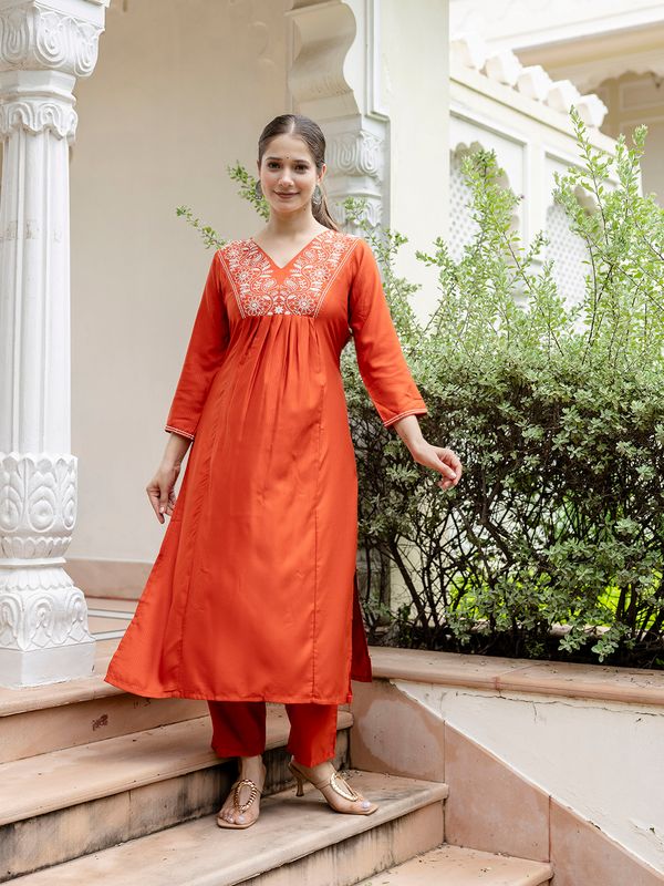 Rust Embroidered Kurti Pant Dupatta Set Online