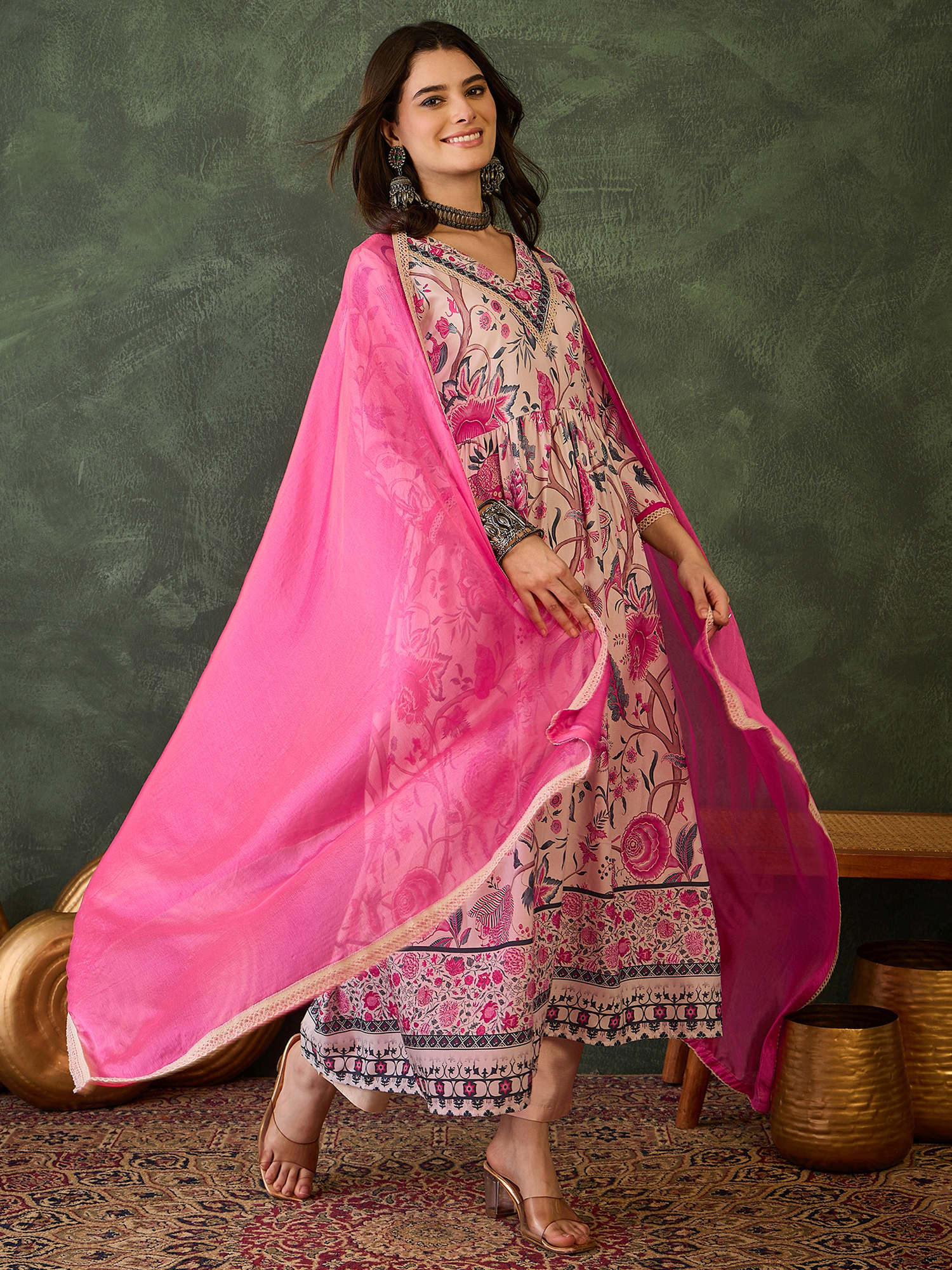 Cream Floral Print Kurti Pant Dupatta Set Online