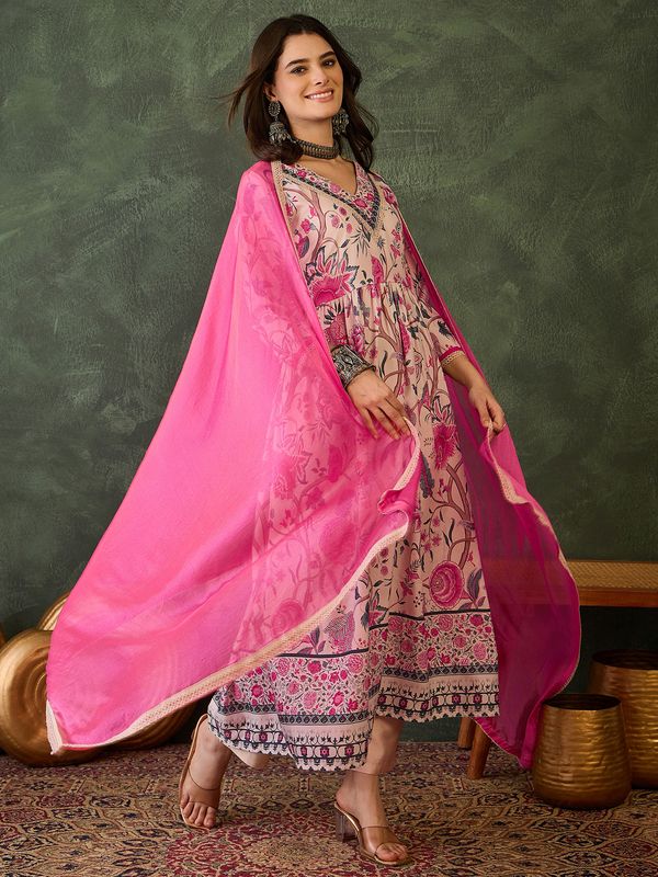 Cream Floral Print Kurti Pant Dupatta Set Online