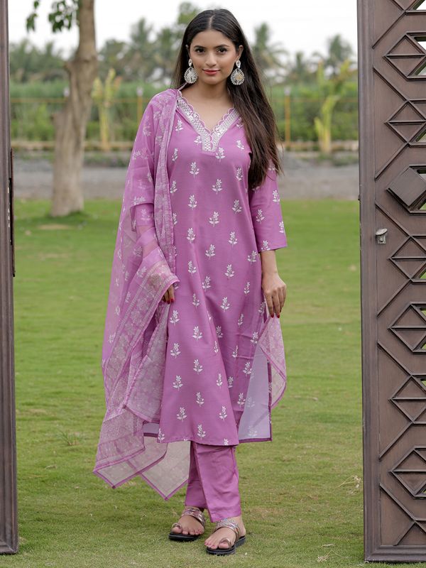 Onion Pink Printed Kurti Pant Dupatta Set