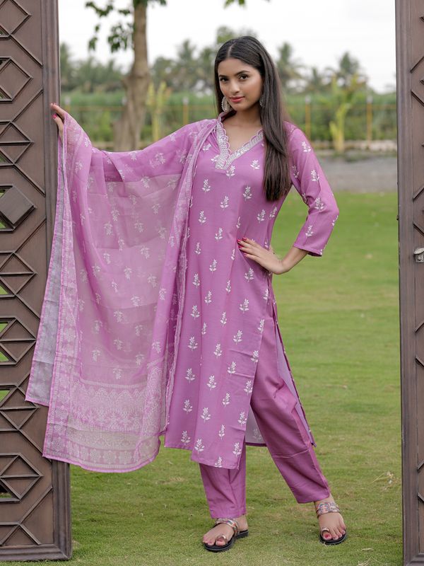 Onion Pink Printed Kurti Pant Dupatta Set