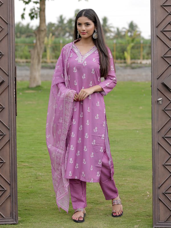 Onion Pink Printed Kurti Pant Dupatta Set