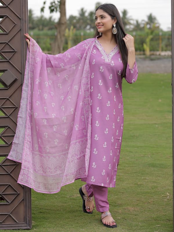Onion Pink Printed Kurti Pant Dupatta Set
