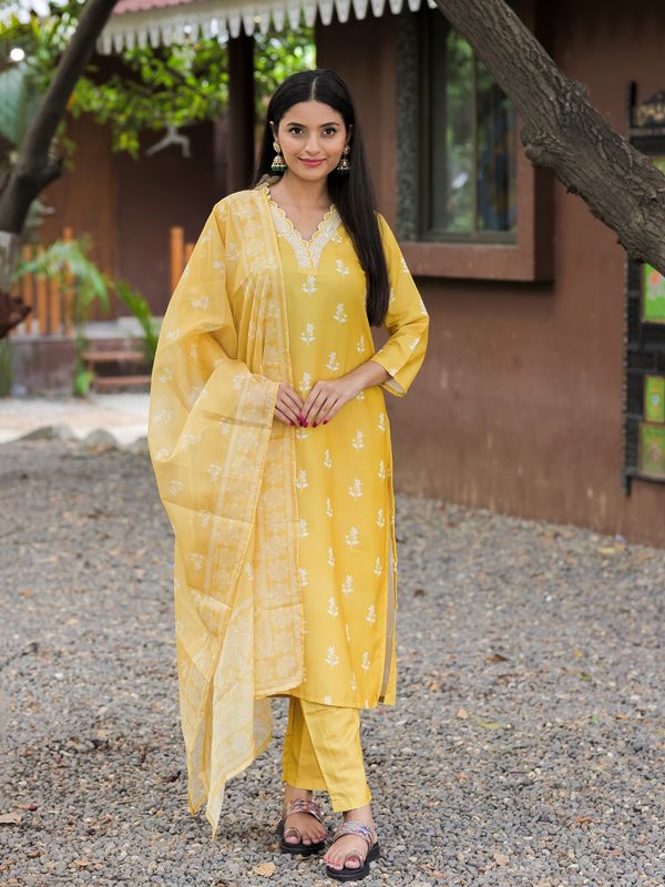 Mustard Yellow Kurti Pant Dupatta Set for Women