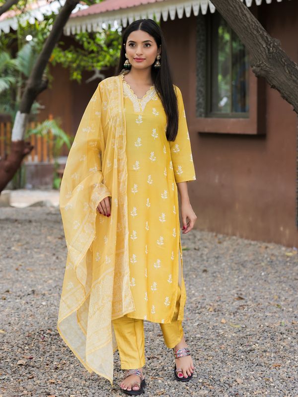 Mustard Yellow Kurti Pant Dupatta Set for Women