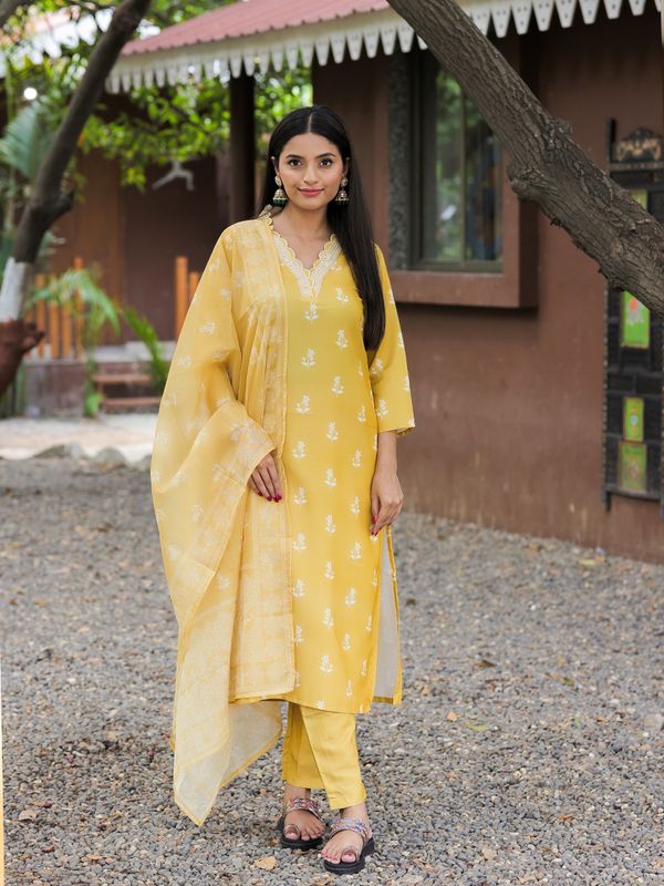Mustard Yellow Kurti Pant Dupatta Set for Women