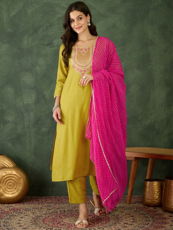 Mustard Embroidered Kurti Pant Dupatta Set Women