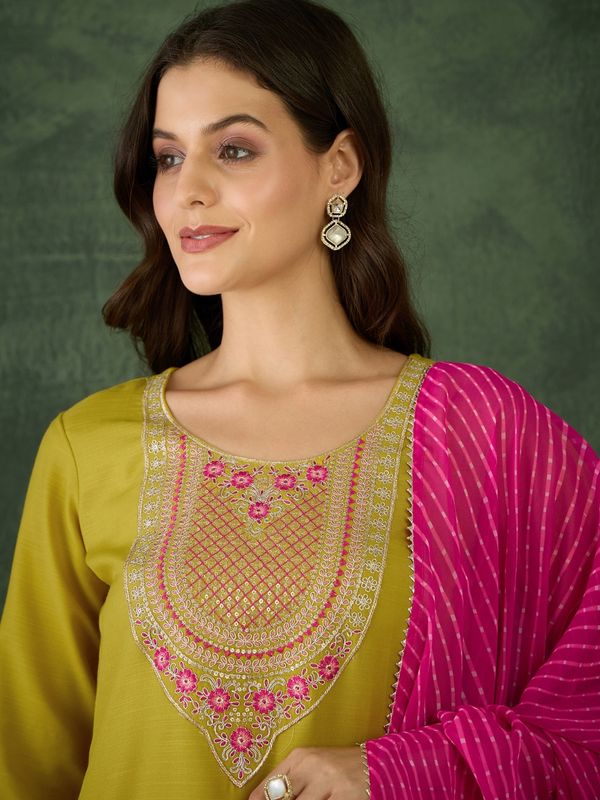 Mustard Embroidered Kurti Pant Dupatta Set Women