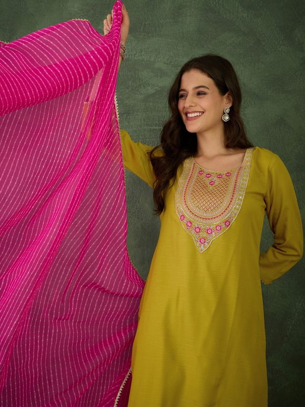 Mustard Embroidered Kurti Pant Dupatta Set Women