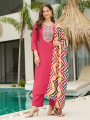 Gajri Embroidered Kurti Pant Dupatta Set Women - Pink