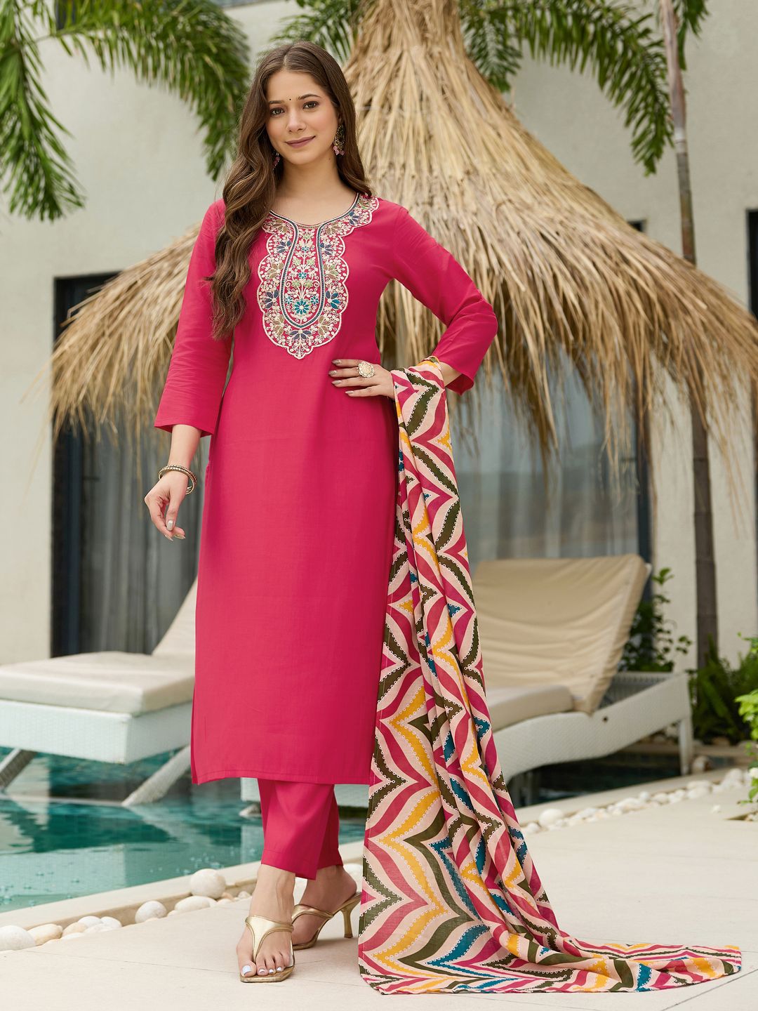 Gajri Embroidered Kurti Pant Dupatta Set Women