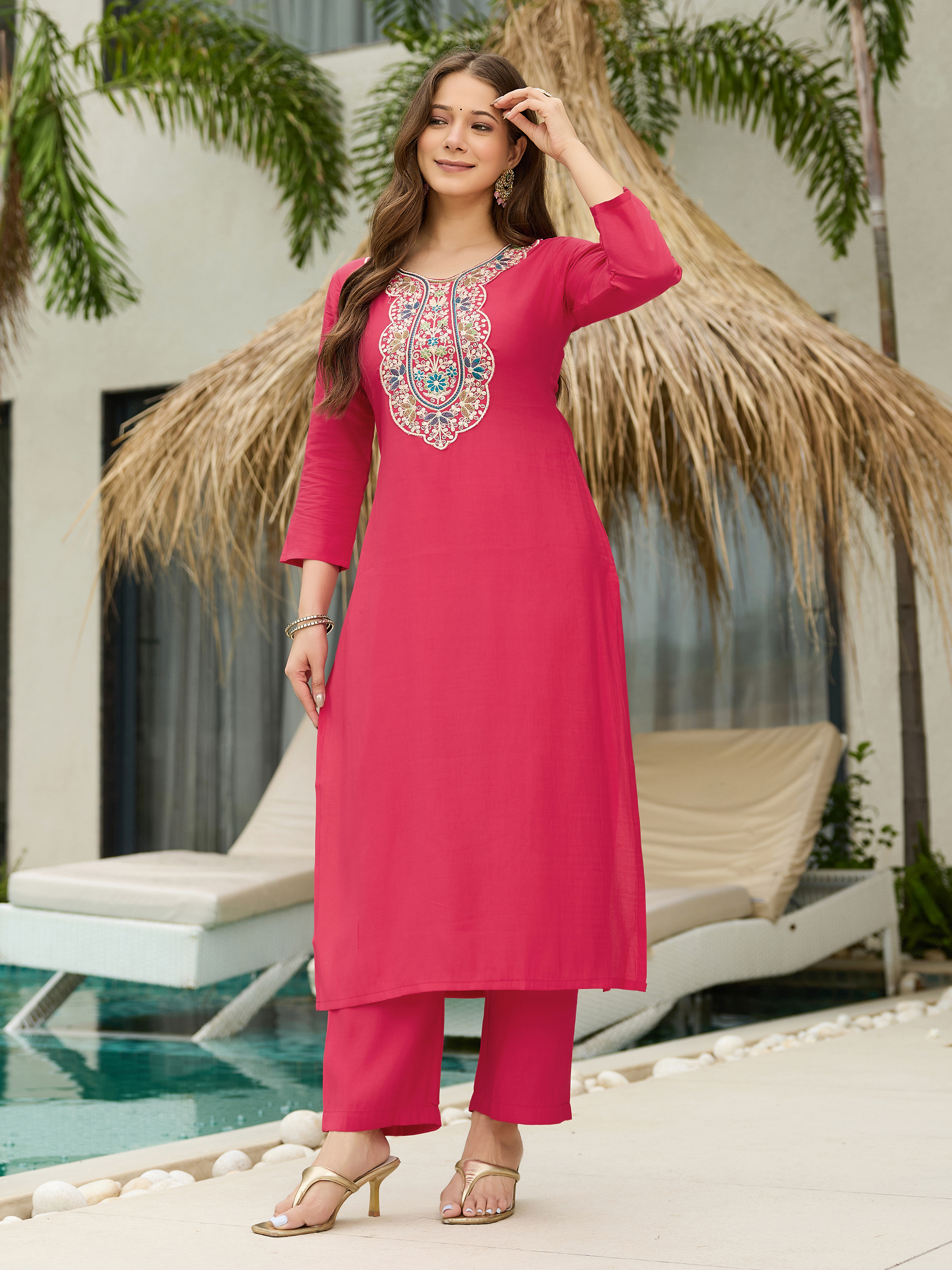 Gajri Embroidered Kurti Pant Dupatta Set Women