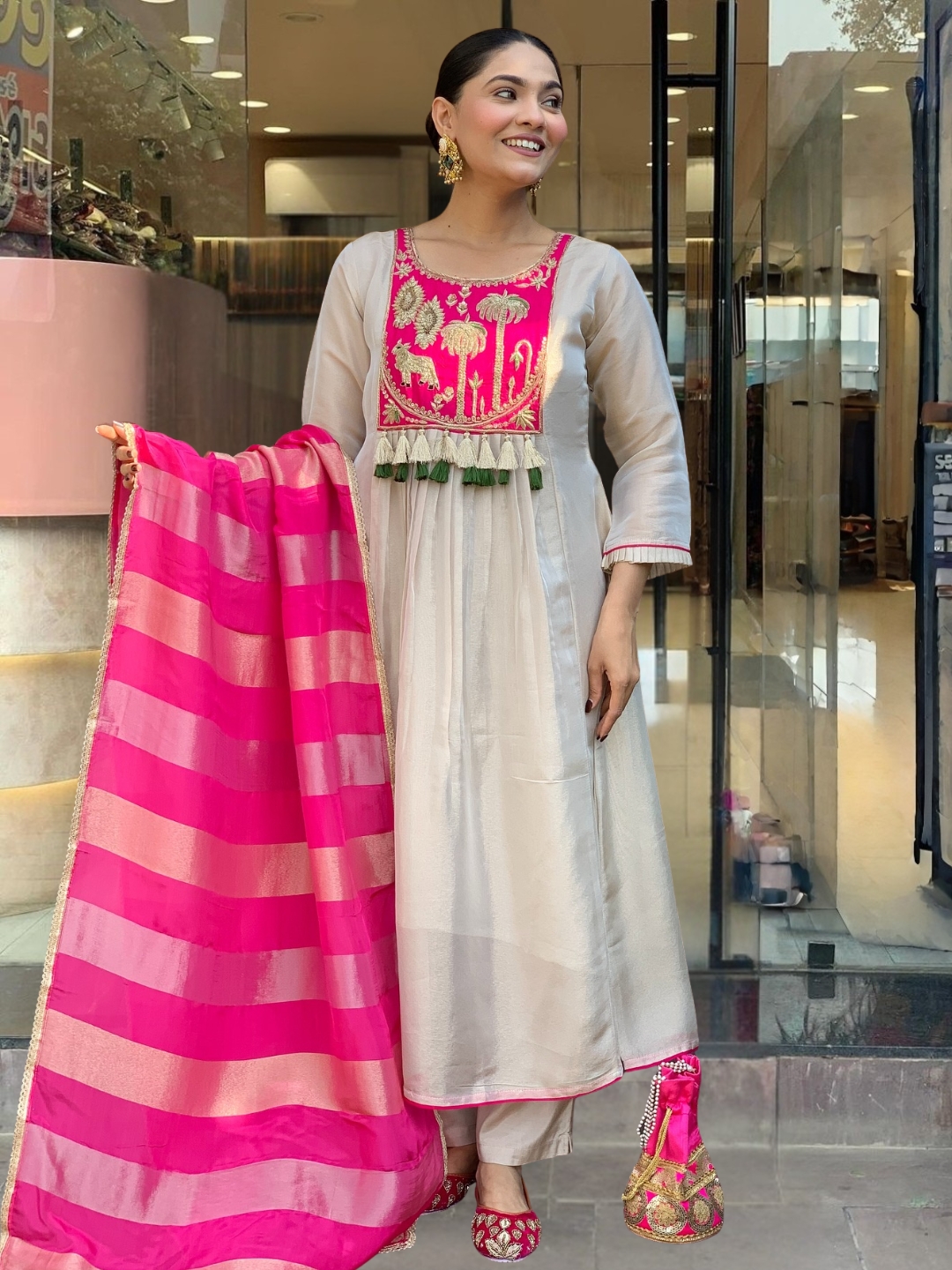 Elegant Silk Embroidered Kurta Pant Set with Jacquard Dupatta