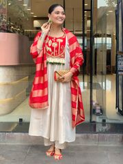 Silk Festive Kurta Pant Set with Zari Jacquard Dupatta - Red