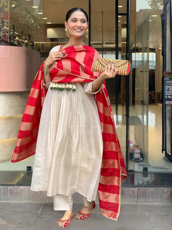 Silk Festive Kurta Pant Set with Zari Jacquard Dupatta