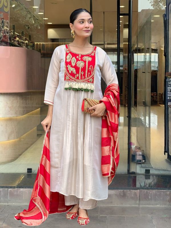 Silk Festive Kurta Pant Set with Zari Jacquard Dupatta