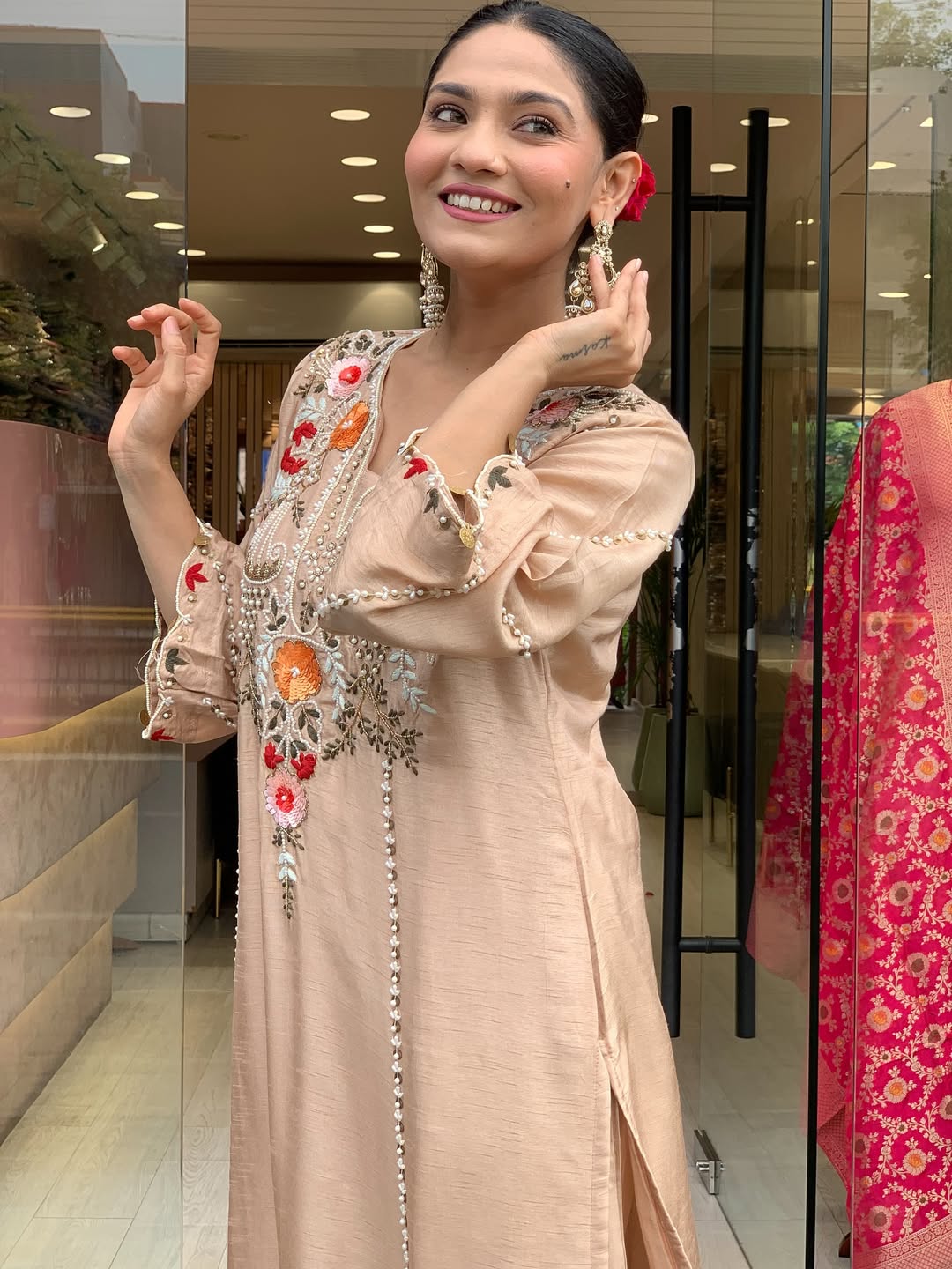 Cream Chanderi Embroidered Kurta Set with Dupatta