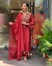 Maroon Chanderi Embroidered Kurta Set with Dupatta - Maroon