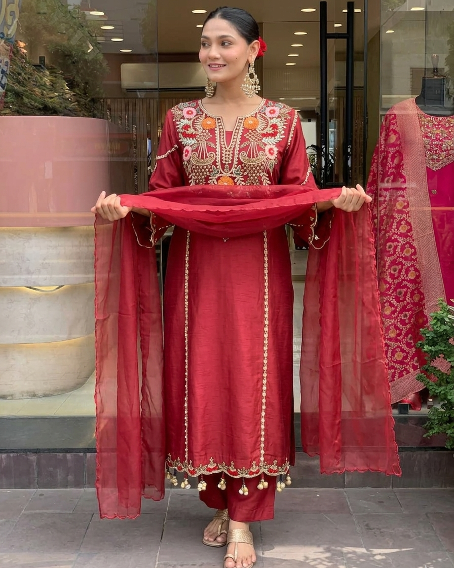 Maroon Chanderi Embroidered Kurta Set with Dupatta