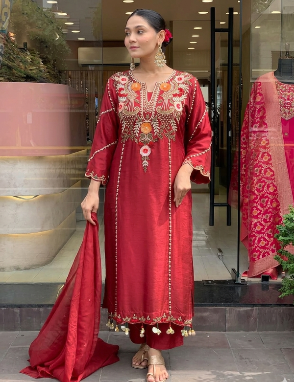 Maroon Chanderi Embroidered Kurta Set with Dupatta