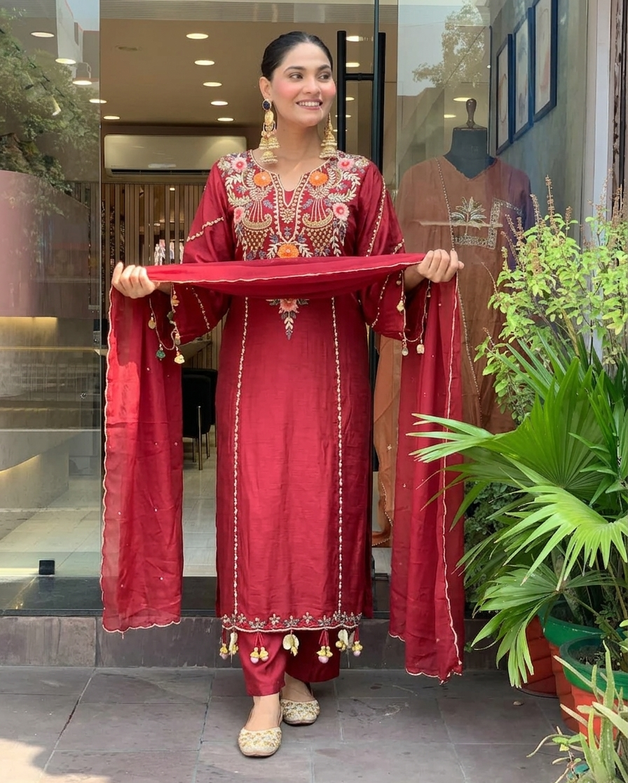 Maroon Chanderi Embroidered Kurta Set with Dupatta