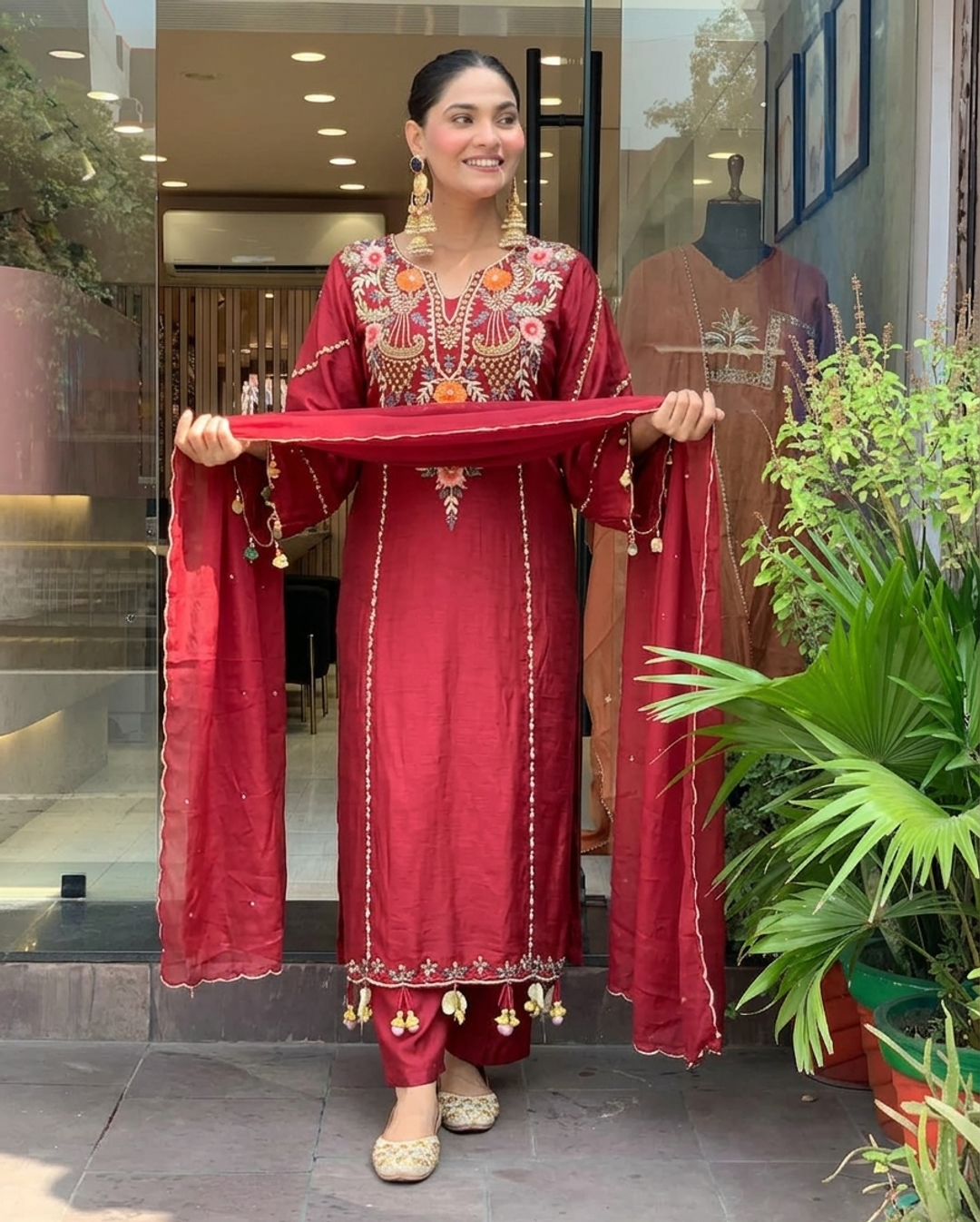 Maroon Chanderi Embroidered Kurta Set with Dupatta