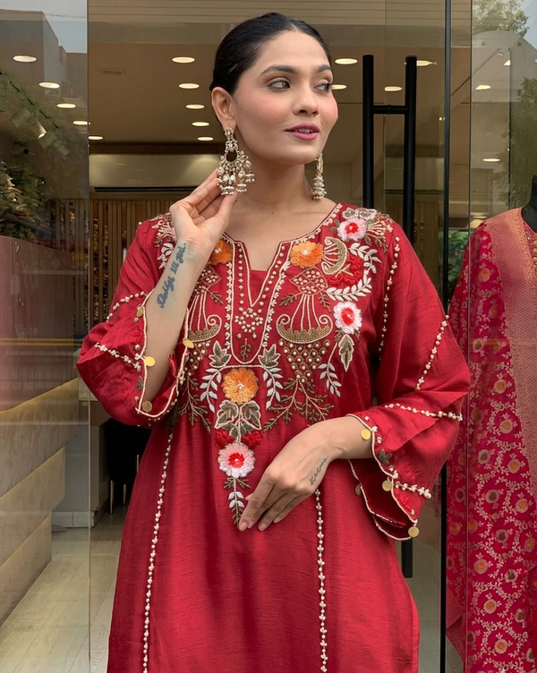 Maroon Chanderi Embroidered Kurta Set with Dupatta