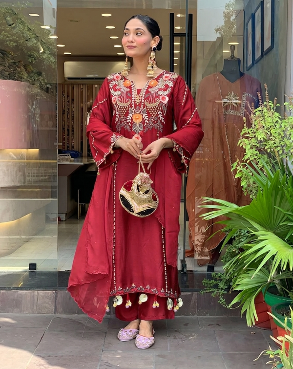 Maroon Chanderi Embroidered Kurta Set with Dupatta