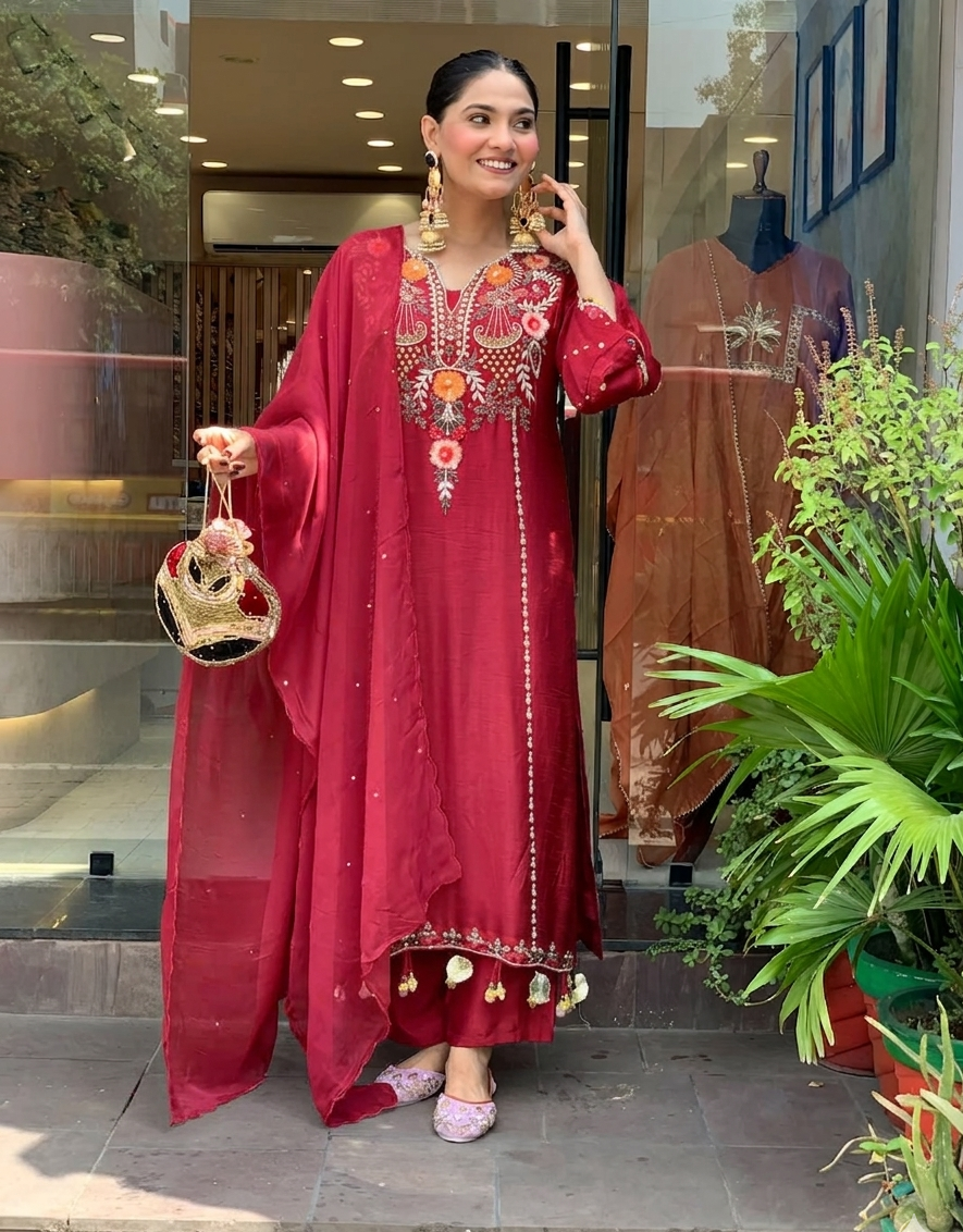 Maroon Chanderi Embroidered Kurta Set with Dupatta