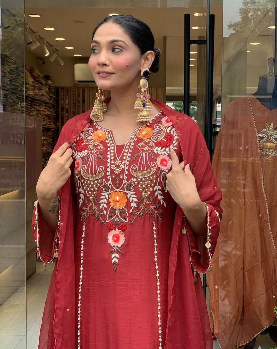 Maroon Chanderi Embroidered Kurta Set with Dupatta