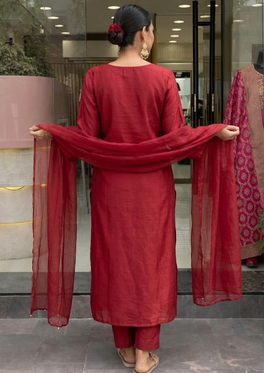 Maroon Chanderi Embroidered Kurta Set with Dupatta