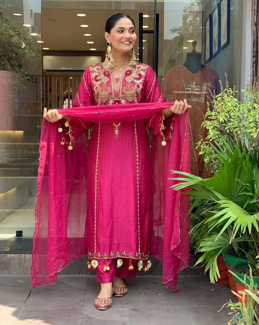 Rani Pink Chanderi Embroidered Kurta Set Dupatta