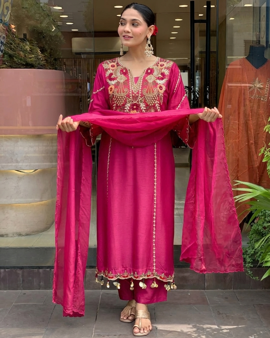Rani Pink Chanderi Embroidered Kurta Set Dupatta