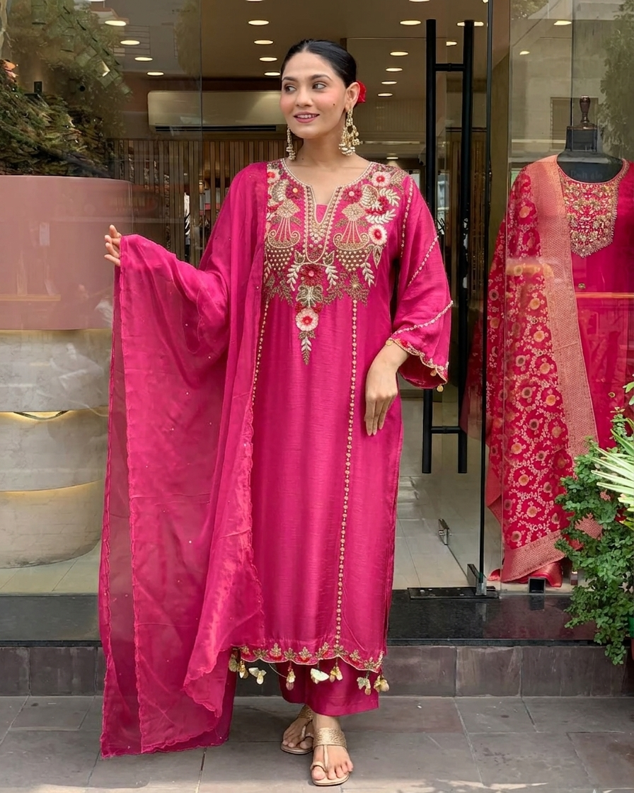 Rani Pink Chanderi Embroidered Kurta Set Dupatta