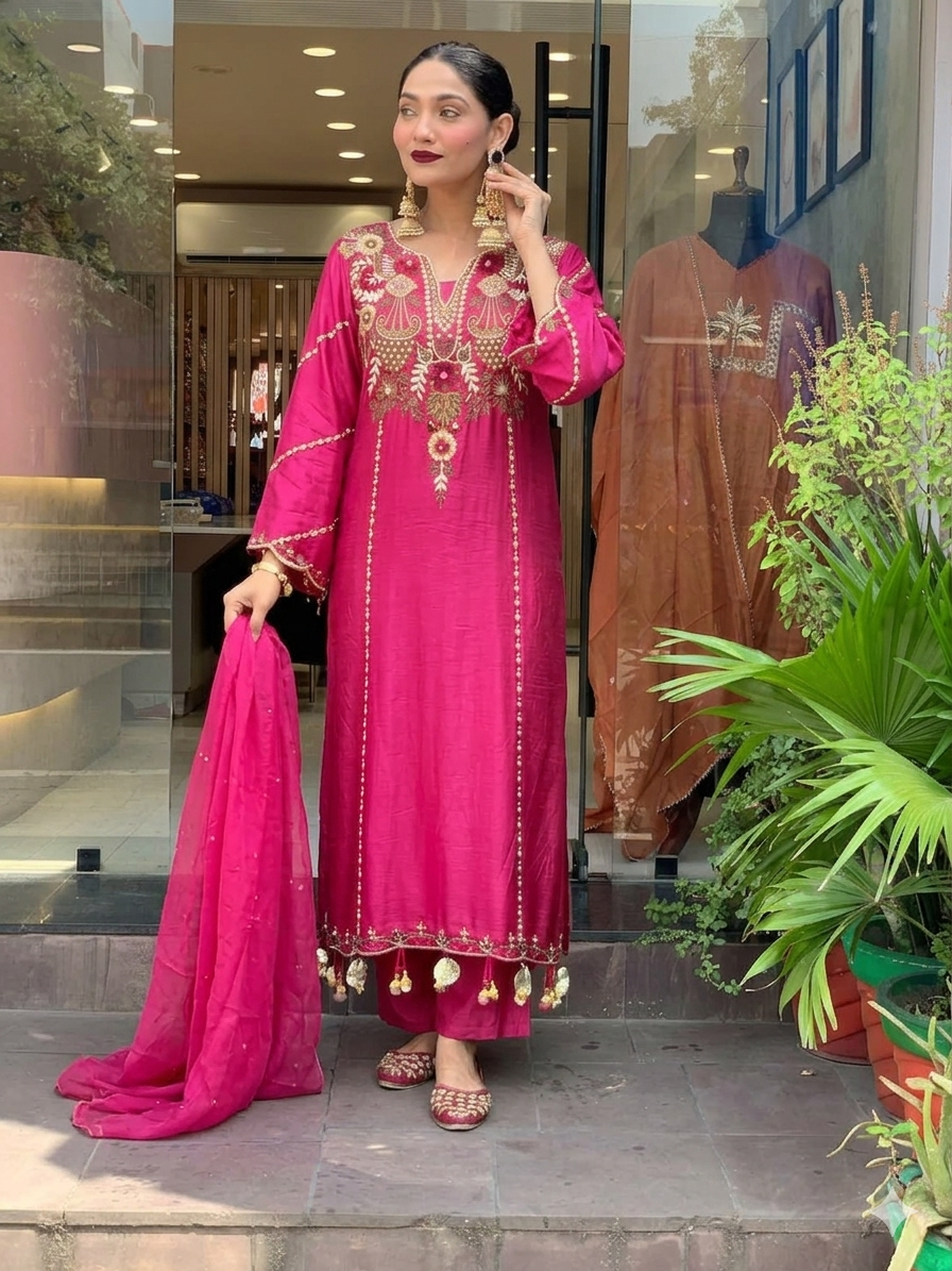 Rani Pink Chanderi Embroidered Kurta Set Dupatta