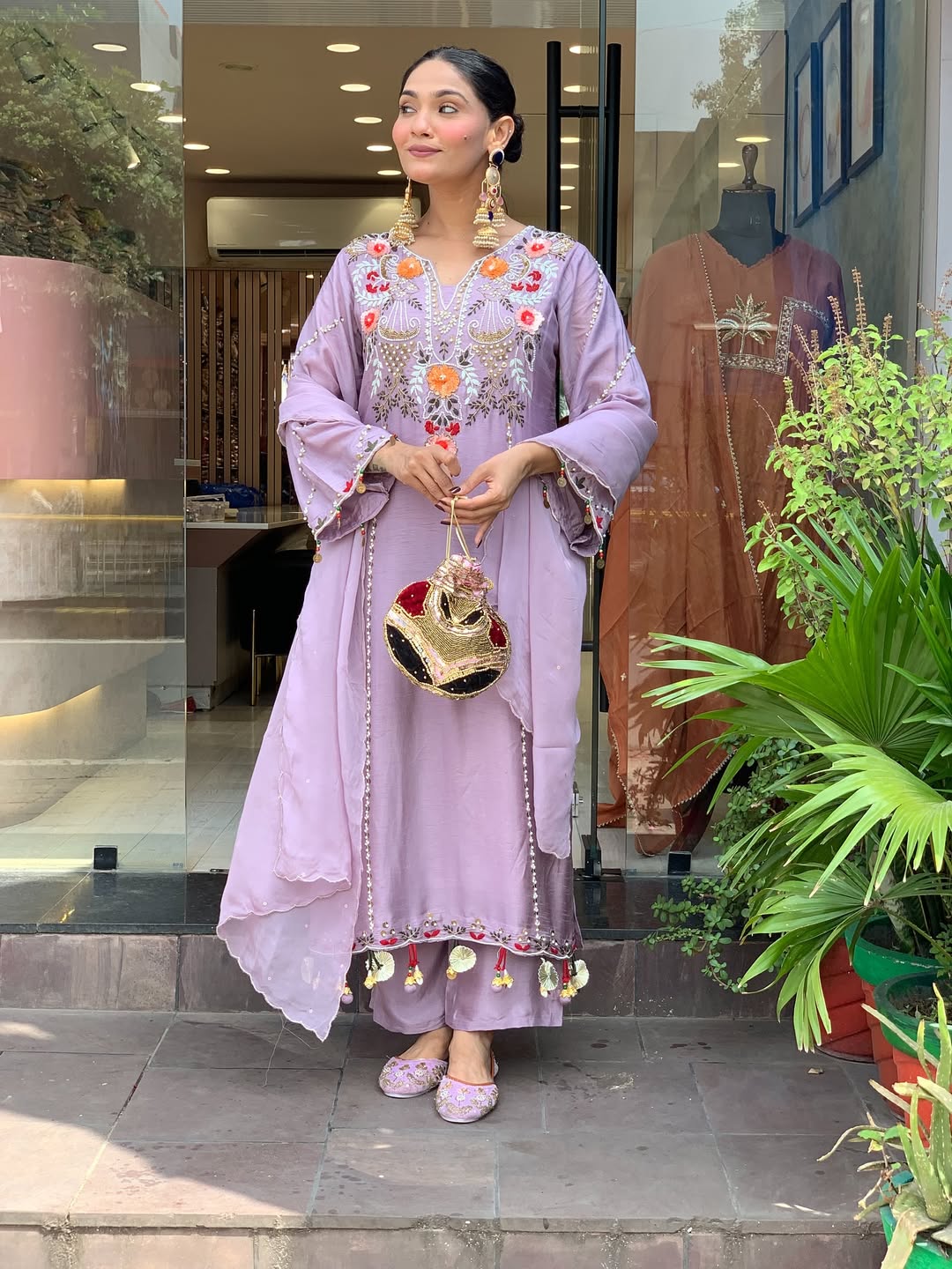 Lavender Chanderi Embroidered Kurta Set with Dupatta