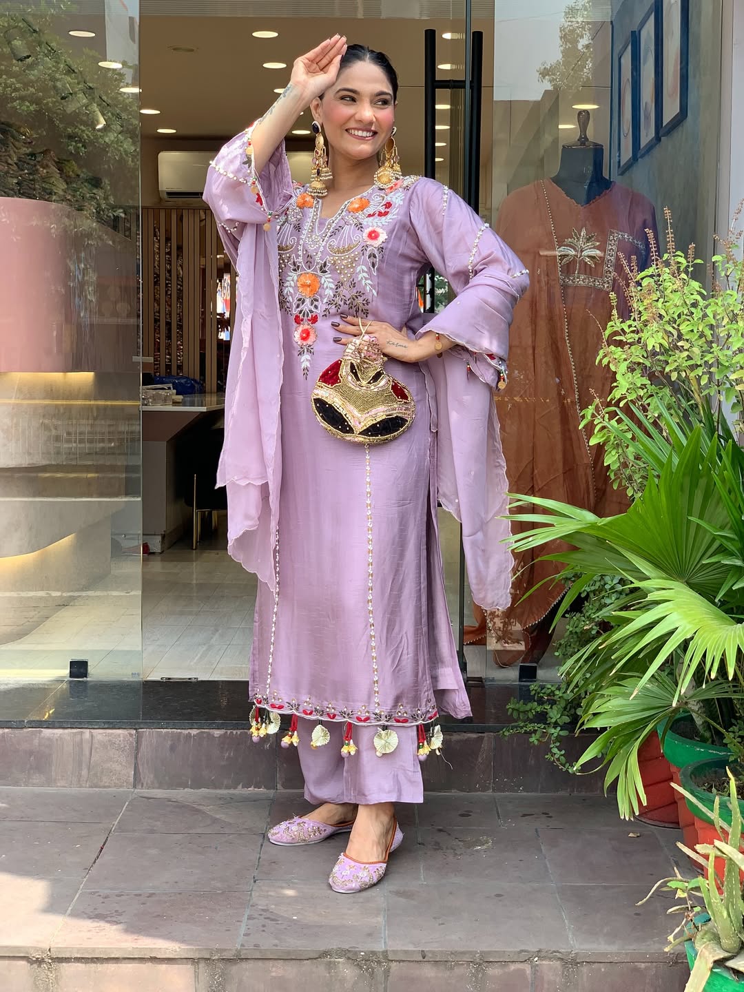 Lavender Chanderi Embroidered Kurta Set with Dupatta