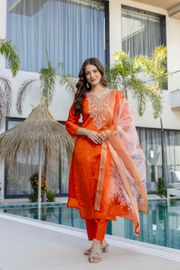 Orange Jacquard Embroidered Kurta Set with Organza Dupatta - Orange