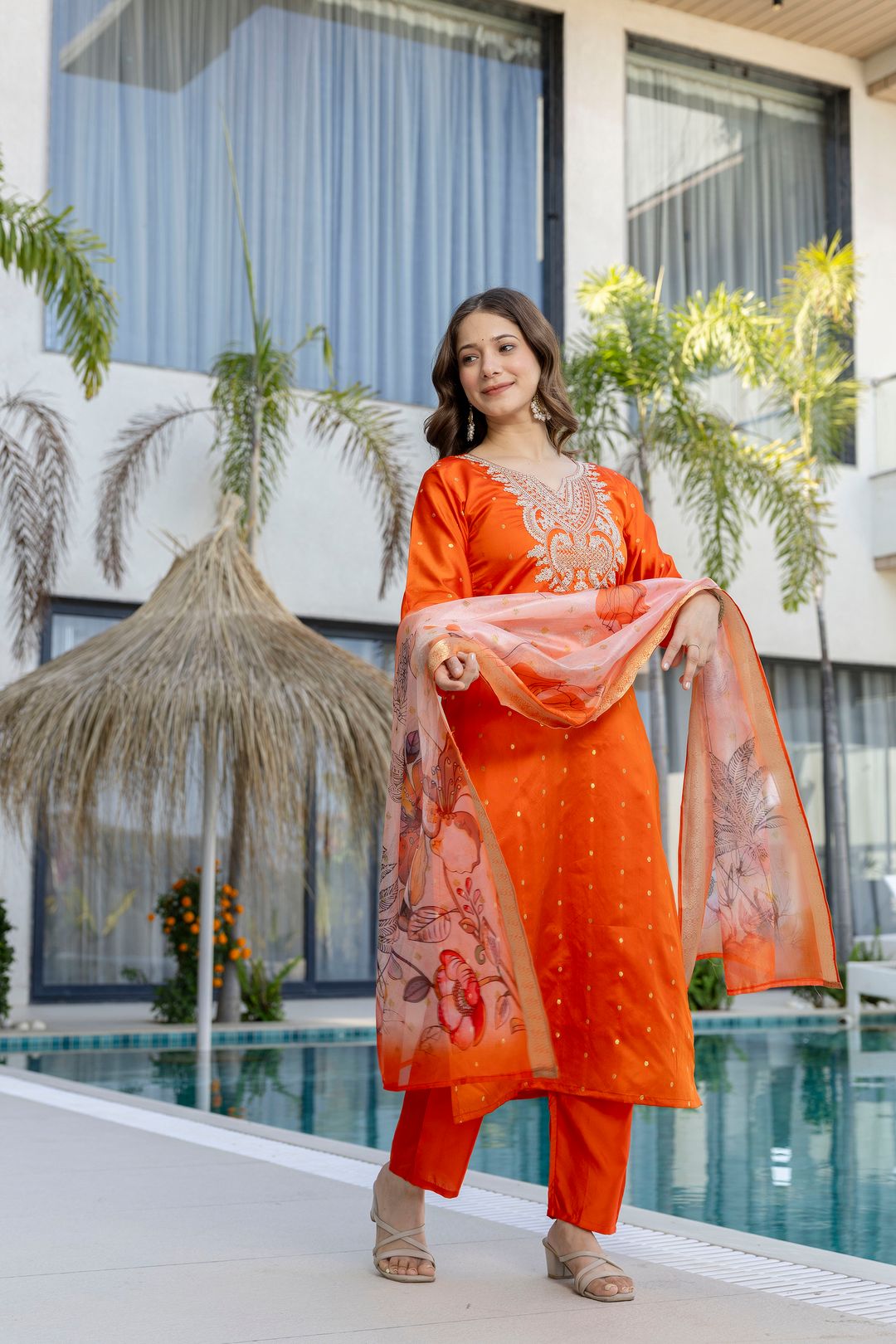Orange Jacquard Embroidered Kurta Set with Organza Dupatta