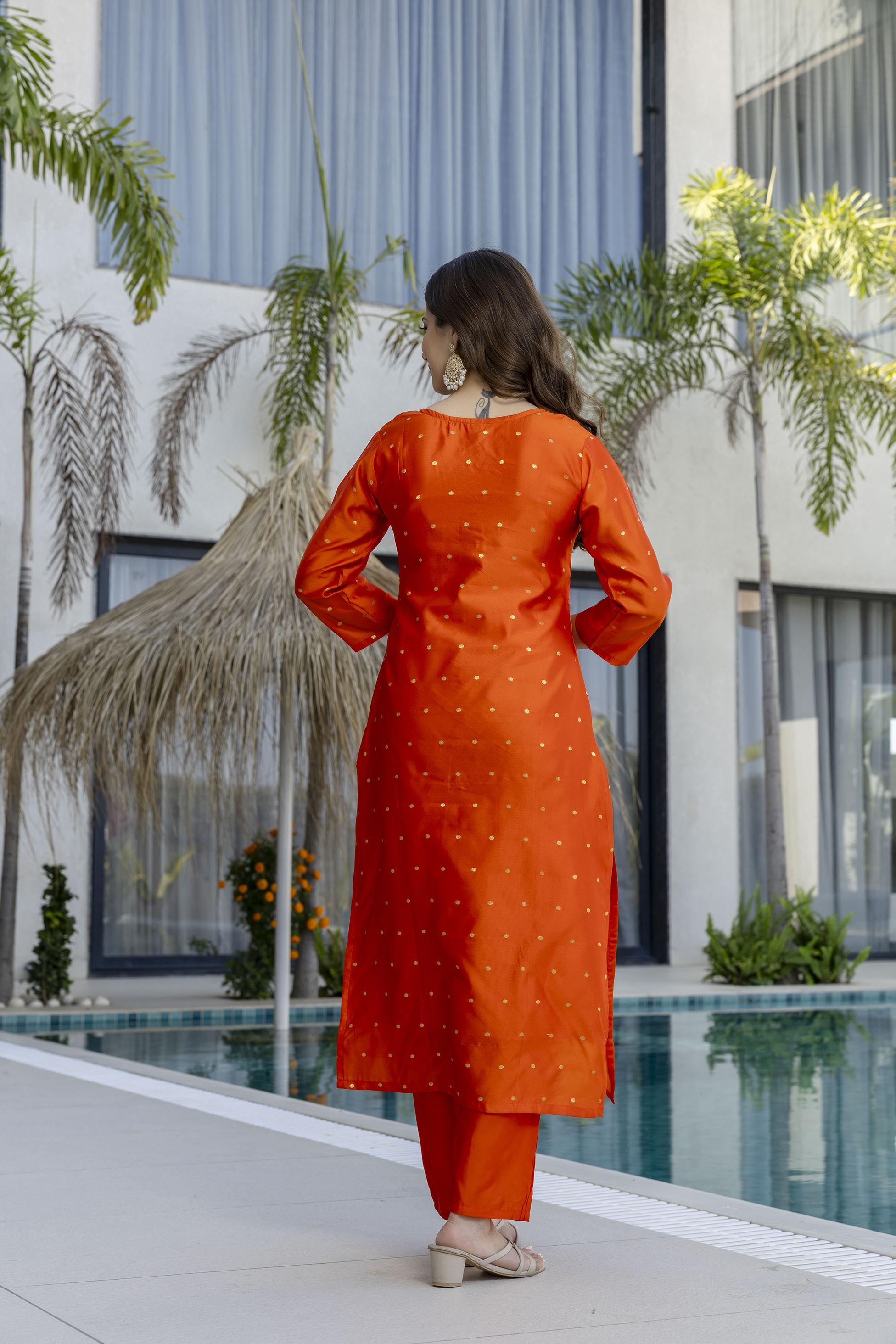Orange Jacquard Embroidered Kurta Set with Organza Dupatta