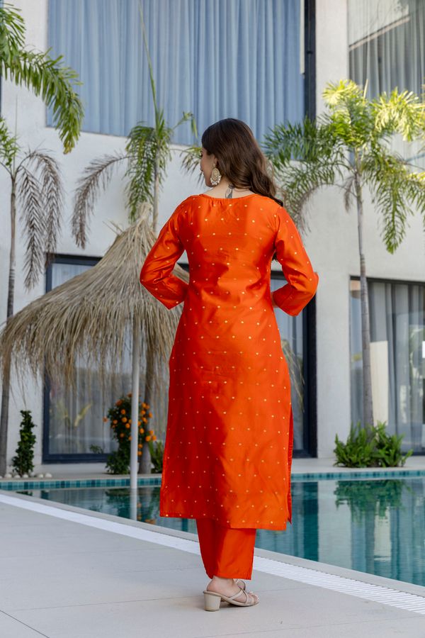 Orange Jacquard Embroidered Kurta Set with Organza Dupatta